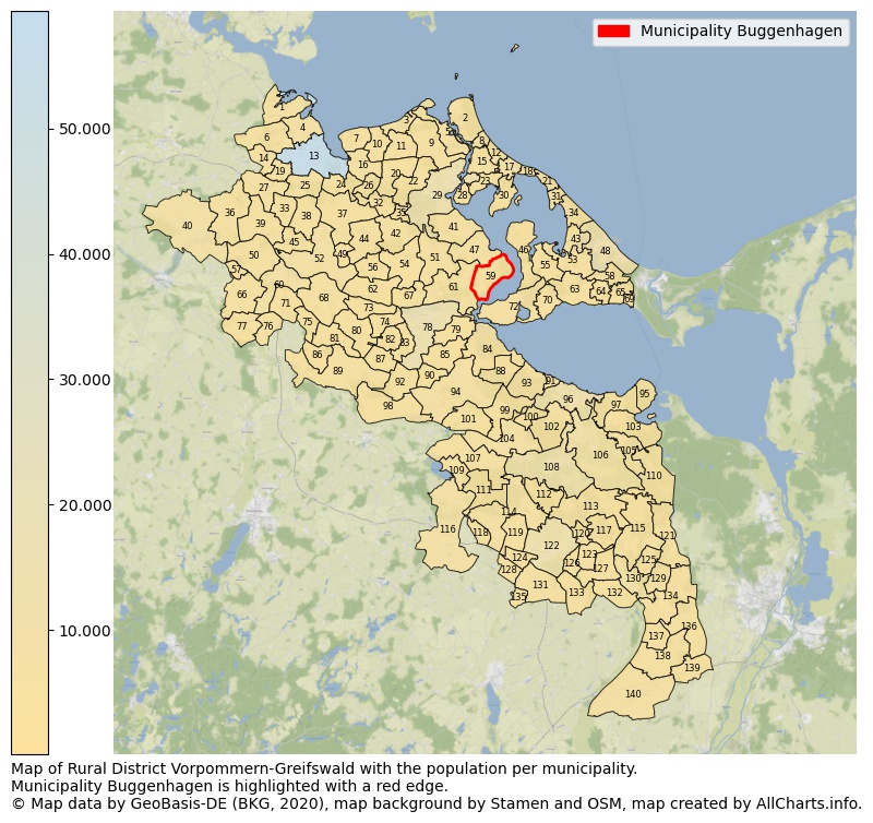 Map of Rural district Vorpommern-Greifswald with the population per municipality.Municipality Buggenhagen is highlighted with a red edge.. This page shows a lot of information about residents (such as the distribution by age groups, family composition, gender, native or German with an immigration background, ...), homes (numbers, types, price development, use, type of property, ...) and more (car ownership, energy consumption, ...) based on open data from the German Federal Agency for Cartography, the Federal Statistical Office (DESTATIS), the Regional Statistical Offices and various other sources!
