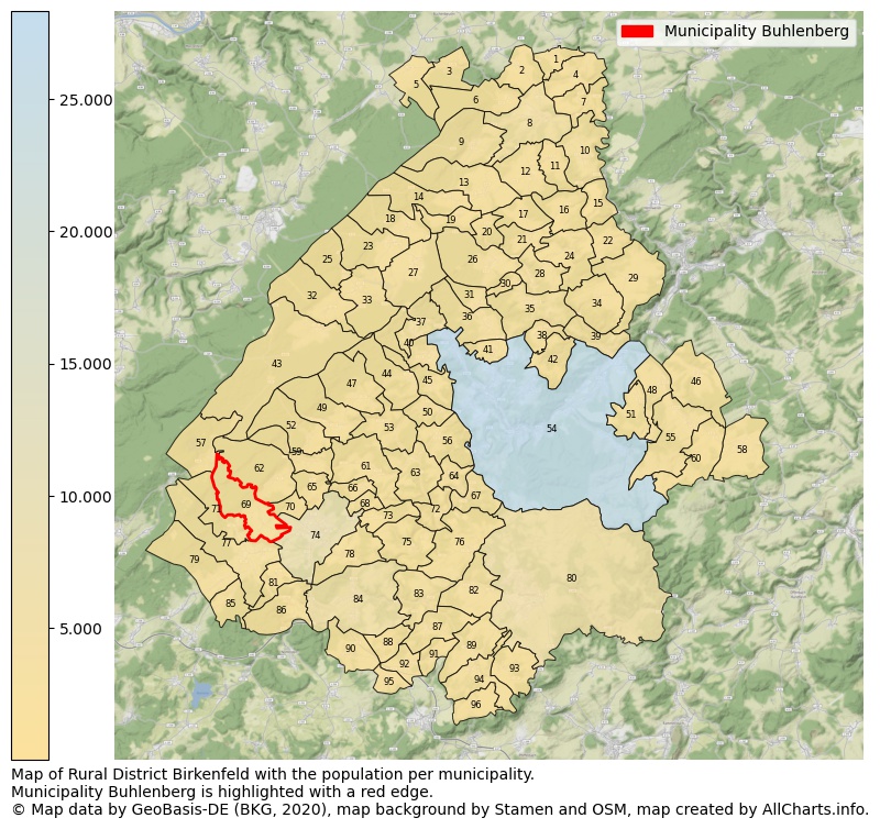 Map of Rural district Birkenfeld with the population per municipality.Municipality Buhlenberg is highlighted with a red edge.. This page shows a lot of information about residents (such as the distribution by age groups, family composition, gender, native or German with an immigration background, ...), homes (numbers, types, price development, use, type of property, ...) and more (car ownership, energy consumption, ...) based on open data from the German Federal Agency for Cartography, the Federal Statistical Office (DESTATIS), the Regional Statistical Offices and various other sources!