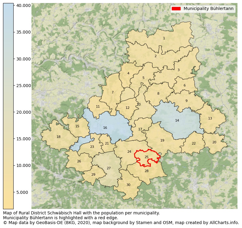 Map of Rural district Schwäbisch Hall with the population per municipality.Municipality Bühlertann is highlighted with a red edge.. This page shows a lot of information about residents (such as the distribution by age groups, family composition, gender, native or German with an immigration background, ...), homes (numbers, types, price development, use, type of property, ...) and more (car ownership, energy consumption, ...) based on open data from the German Federal Agency for Cartography, the Federal Statistical Office (DESTATIS), the Regional Statistical Offices and various other sources!