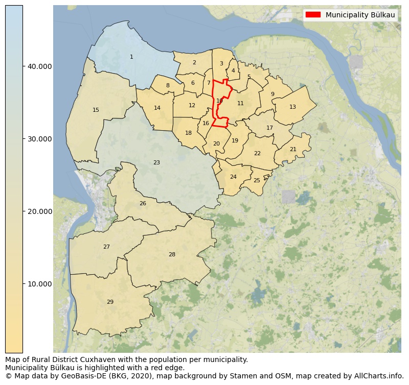 Map of Rural district Cuxhaven with the population per municipality.Municipality Bülkau is highlighted with a red edge.. This page shows a lot of information about residents (such as the distribution by age groups, family composition, gender, native or German with an immigration background, ...), homes (numbers, types, price development, use, type of property, ...) and more (car ownership, energy consumption, ...) based on open data from the German Federal Agency for Cartography, the Federal Statistical Office (DESTATIS), the Regional Statistical Offices and various other sources!