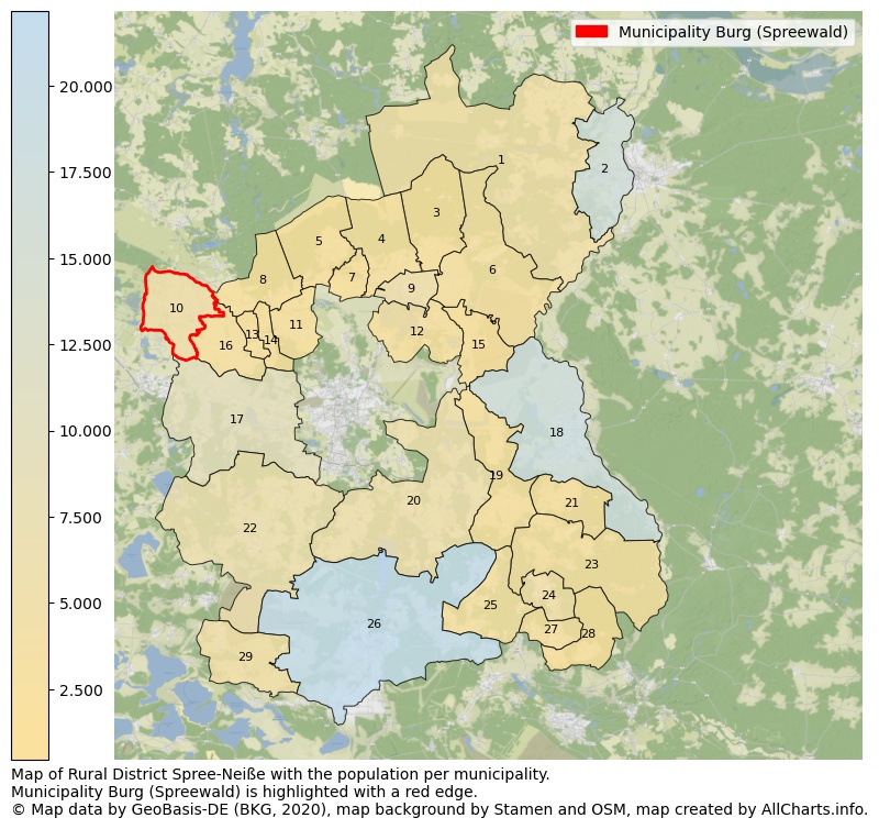 Map of Rural district Spree-Neiße with the population per municipality.Municipality Burg (Spreewald) is highlighted with a red edge.. This page shows a lot of information about residents (such as the distribution by age groups, family composition, gender, native or German with an immigration background, ...), homes (numbers, types, price development, use, type of property, ...) and more (car ownership, energy consumption, ...) based on open data from the German Federal Agency for Cartography, the Federal Statistical Office (DESTATIS), the Regional Statistical Offices and various other sources!