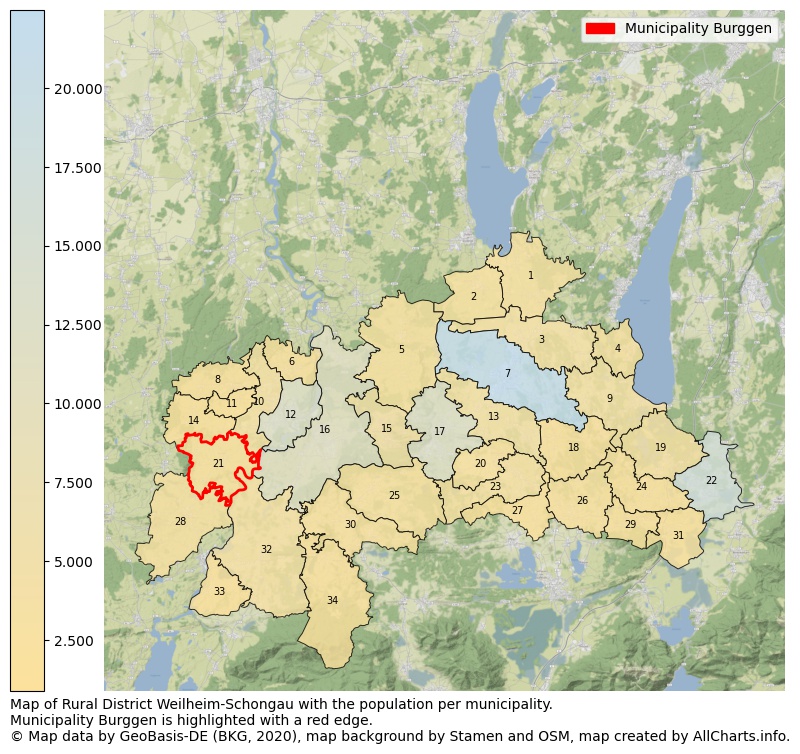 Map of Rural district Weilheim-Schongau with the population per municipality.Municipality Burggen is highlighted with a red edge.. This page shows a lot of information about residents (such as the distribution by age groups, family composition, gender, native or German with an immigration background, ...), homes (numbers, types, price development, use, type of property, ...) and more (car ownership, energy consumption, ...) based on open data from the German Federal Agency for Cartography, the Federal Statistical Office (DESTATIS), the Regional Statistical Offices and various other sources!