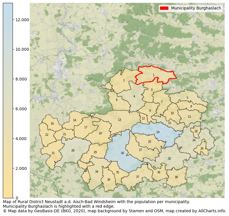 Map of Rural district Neustadt a.d. Aisch-Bad Windsheim with the population per municipality.Municipality Burghaslach is highlighted with a red edge.. This page shows a lot of information about residents (such as the distribution by age groups, family composition, gender, native or German with an immigration background, ...), homes (numbers, types, price development, use, type of property, ...) and more (car ownership, energy consumption, ...) based on open data from the German Federal Agency for Cartography, the Federal Statistical Office (DESTATIS), the Regional Statistical Offices and various other sources!