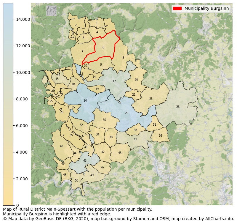 Map of Rural district Main-Spessart with the population per municipality.Municipality Burgsinn is highlighted with a red edge.. This page shows a lot of information about residents (such as the distribution by age groups, family composition, gender, native or German with an immigration background, ...), homes (numbers, types, price development, use, type of property, ...) and more (car ownership, energy consumption, ...) based on open data from the German Federal Agency for Cartography, the Federal Statistical Office (DESTATIS), the Regional Statistical Offices and various other sources!