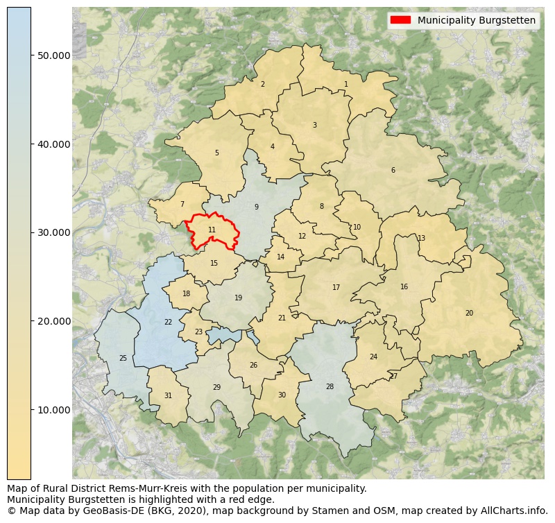 Map of Rural district Rems-Murr-Kreis with the population per municipality.Municipality Burgstetten is highlighted with a red edge.. This page shows a lot of information about residents (such as the distribution by age groups, family composition, gender, native or German with an immigration background, ...), homes (numbers, types, price development, use, type of property, ...) and more (car ownership, energy consumption, ...) based on open data from the German Federal Agency for Cartography, the Federal Statistical Office (DESTATIS), the Regional Statistical Offices and various other sources!