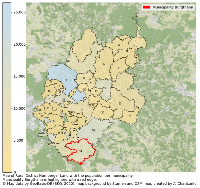 Map of Rural district Nürnberger Land with the population per municipality.Municipality Burgthann is highlighted with a red edge.. This page shows a lot of information about residents (such as the distribution by age groups, family composition, gender, native or German with an immigration background, ...), homes (numbers, types, price development, use, type of property, ...) and more (car ownership, energy consumption, ...) based on open data from the German Federal Agency for Cartography, the Federal Statistical Office (DESTATIS), the Regional Statistical Offices and various other sources!