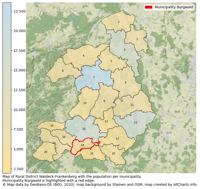 Map of Rural district Waldeck-Frankenberg with the population per municipality.Municipality Burgwald is highlighted with a red edge.. This page shows a lot of information about residents (such as the distribution by age groups, family composition, gender, native or German with an immigration background, ...), homes (numbers, types, price development, use, type of property, ...) and more (car ownership, energy consumption, ...) based on open data from the German Federal Agency for Cartography, the Federal Statistical Office (DESTATIS), the Regional Statistical Offices and various other sources!
