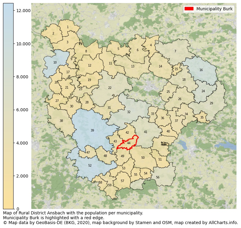 Map of Rural district Ansbach with the population per municipality.Municipality Burk is highlighted with a red edge.. This page shows a lot of information about residents (such as the distribution by age groups, family composition, gender, native or German with an immigration background, ...), homes (numbers, types, price development, use, type of property, ...) and more (car ownership, energy consumption, ...) based on open data from the German Federal Agency for Cartography, the Federal Statistical Office (DESTATIS), the Regional Statistical Offices and various other sources!