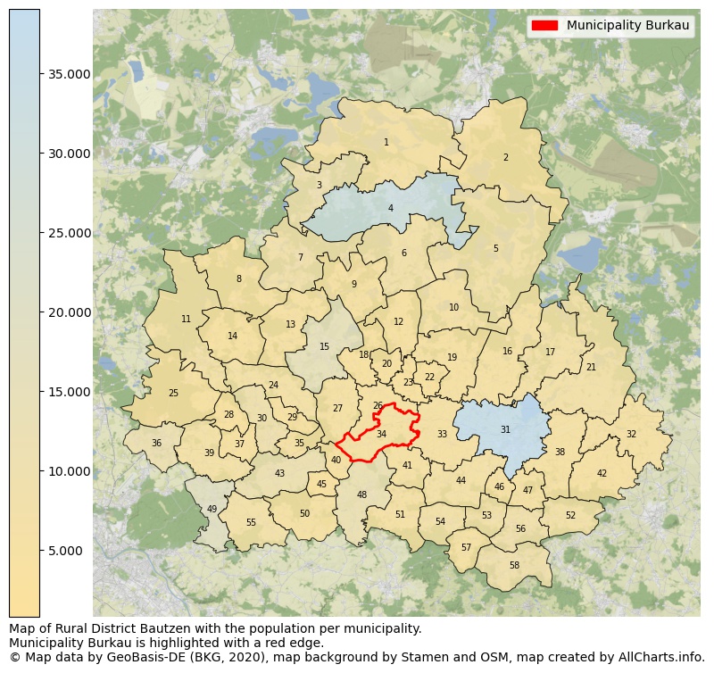 Map of Rural district Bautzen with the population per municipality.Municipality Burkau is highlighted with a red edge.. This page shows a lot of information about residents (such as the distribution by age groups, family composition, gender, native or German with an immigration background, ...), homes (numbers, types, price development, use, type of property, ...) and more (car ownership, energy consumption, ...) based on open data from the German Federal Agency for Cartography, the Federal Statistical Office (DESTATIS), the Regional Statistical Offices and various other sources!