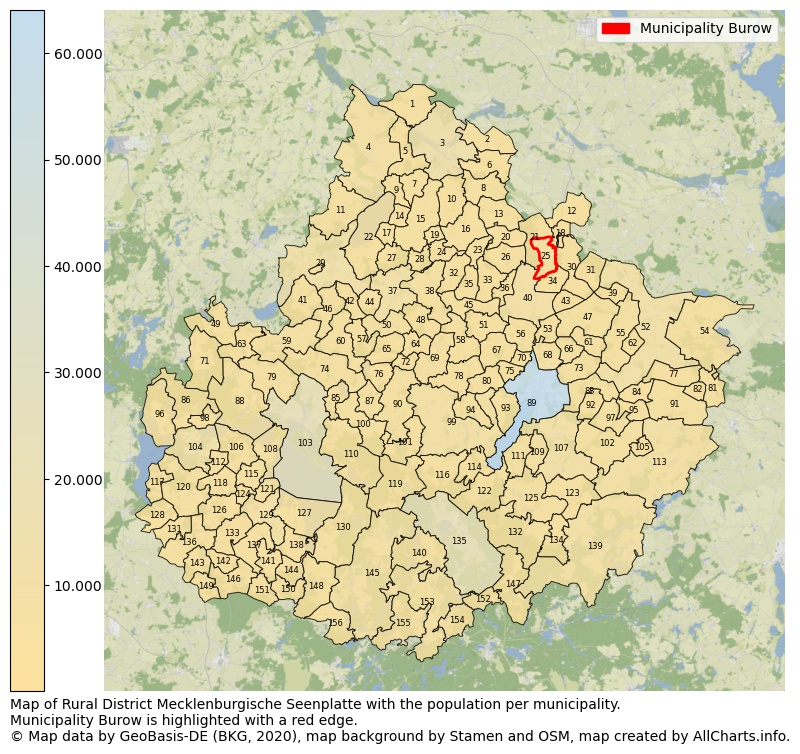 Map of Rural district Mecklenburgische Seenplatte with the population per municipality.Municipality Burow is highlighted with a red edge.. This page shows a lot of information about residents (such as the distribution by age groups, family composition, gender, native or German with an immigration background, ...), homes (numbers, types, price development, use, type of property, ...) and more (car ownership, energy consumption, ...) based on open data from the German Federal Agency for Cartography, the Federal Statistical Office (DESTATIS), the Regional Statistical Offices and various other sources!