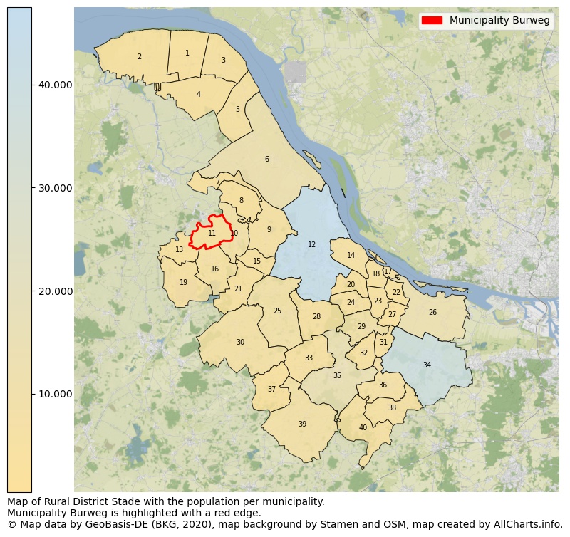 Map of Rural district Stade with the population per municipality.Municipality Burweg is highlighted with a red edge.. This page shows a lot of information about residents (such as the distribution by age groups, family composition, gender, native or German with an immigration background, ...), homes (numbers, types, price development, use, type of property, ...) and more (car ownership, energy consumption, ...) based on open data from the German Federal Agency for Cartography, the Federal Statistical Office (DESTATIS), the Regional Statistical Offices and various other sources!