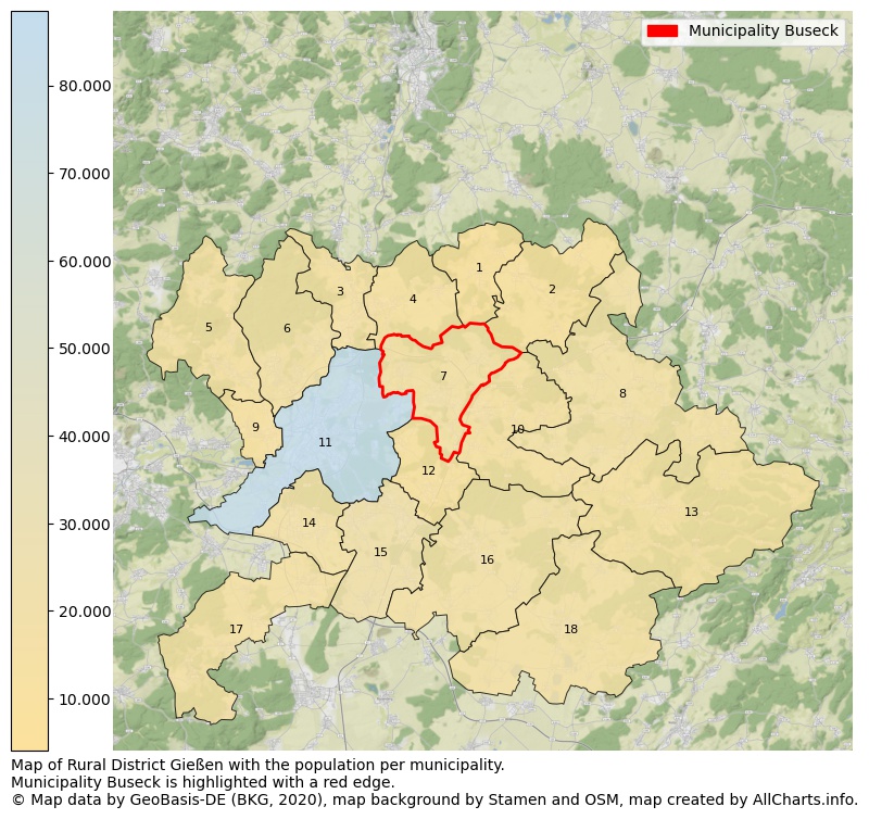 Map of Rural district Gießen with the population per municipality.Municipality Buseck is highlighted with a red edge.. This page shows a lot of information about residents (such as the distribution by age groups, family composition, gender, native or German with an immigration background, ...), homes (numbers, types, price development, use, type of property, ...) and more (car ownership, energy consumption, ...) based on open data from the German Federal Agency for Cartography, the Federal Statistical Office (DESTATIS), the Regional Statistical Offices and various other sources!