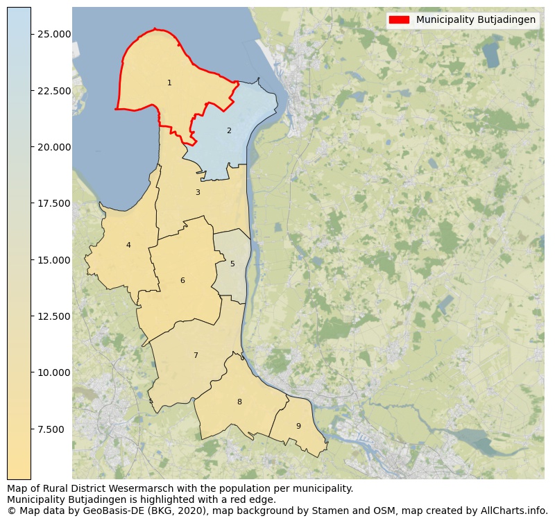 Map of Rural district Wesermarsch with the population per municipality.Municipality Butjadingen is highlighted with a red edge.. This page shows a lot of information about residents (such as the distribution by age groups, family composition, gender, native or German with an immigration background, ...), homes (numbers, types, price development, use, type of property, ...) and more (car ownership, energy consumption, ...) based on open data from the German Federal Agency for Cartography, the Federal Statistical Office (DESTATIS), the Regional Statistical Offices and various other sources!
