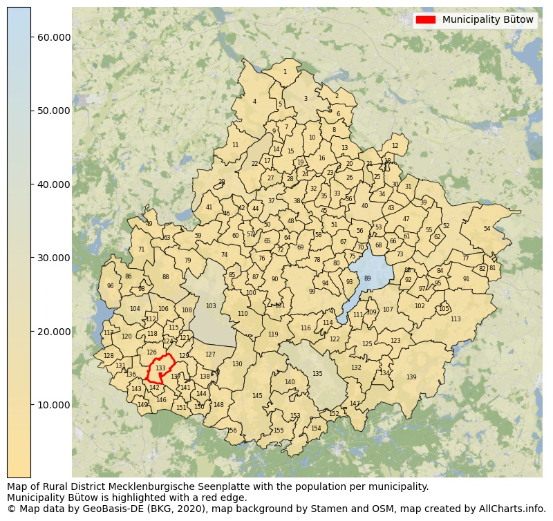 Map of Rural district Mecklenburgische Seenplatte with the population per municipality.Municipality Bütow is highlighted with a red edge.. This page shows a lot of information about residents (such as the distribution by age groups, family composition, gender, native or German with an immigration background, ...), homes (numbers, types, price development, use, type of property, ...) and more (car ownership, energy consumption, ...) based on open data from the German Federal Agency for Cartography, the Federal Statistical Office (DESTATIS), the Regional Statistical Offices and various other sources!