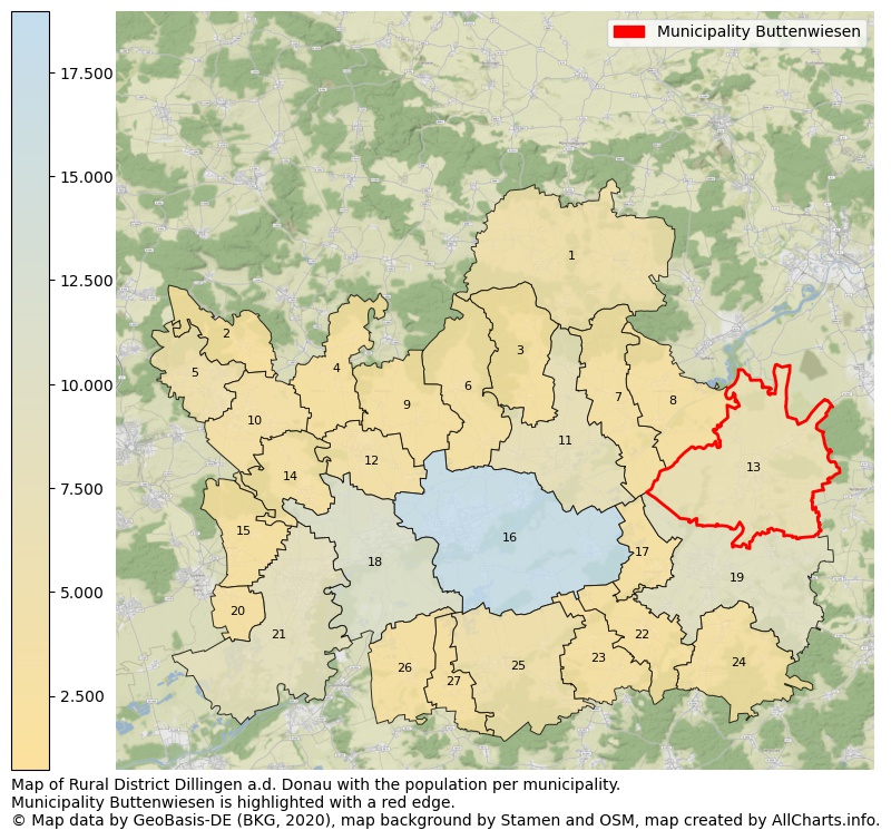 Map of Rural district Dillingen a.d. Donau with the population per municipality.Municipality Buttenwiesen is highlighted with a red edge.. This page shows a lot of information about residents (such as the distribution by age groups, family composition, gender, native or German with an immigration background, ...), homes (numbers, types, price development, use, type of property, ...) and more (car ownership, energy consumption, ...) based on open data from the German Federal Agency for Cartography, the Federal Statistical Office (DESTATIS), the Regional Statistical Offices and various other sources!