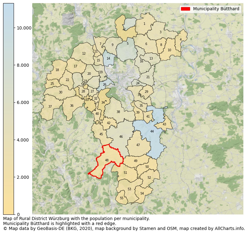 Map of Rural district Würzburg with the population per municipality.Municipality Bütthard is highlighted with a red edge.. This page shows a lot of information about residents (such as the distribution by age groups, family composition, gender, native or German with an immigration background, ...), homes (numbers, types, price development, use, type of property, ...) and more (car ownership, energy consumption, ...) based on open data from the German Federal Agency for Cartography, the Federal Statistical Office (DESTATIS), the Regional Statistical Offices and various other sources!