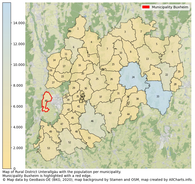Map of Rural district Unterallgäu with the population per municipality.Municipality Buxheim is highlighted with a red edge.. This page shows a lot of information about residents (such as the distribution by age groups, family composition, gender, native or German with an immigration background, ...), homes (numbers, types, price development, use, type of property, ...) and more (car ownership, energy consumption, ...) based on open data from the German Federal Agency for Cartography, the Federal Statistical Office (DESTATIS), the Regional Statistical Offices and various other sources!