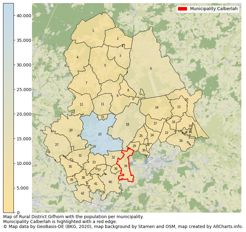 Map of Rural district Gifhorn with the population per municipality.Municipality Calberlah is highlighted with a red edge.. This page shows a lot of information about residents (such as the distribution by age groups, family composition, gender, native or German with an immigration background, ...), homes (numbers, types, price development, use, type of property, ...) and more (car ownership, energy consumption, ...) based on open data from the German Federal Agency for Cartography, the Federal Statistical Office (DESTATIS), the Regional Statistical Offices and various other sources!