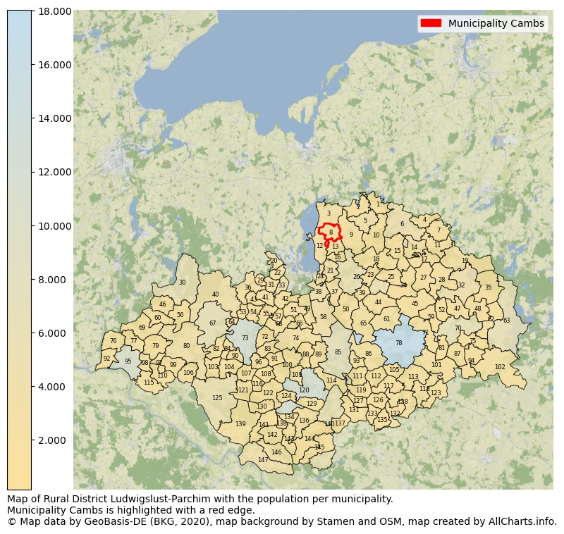 Map of Rural district Ludwigslust-Parchim with the population per municipality.Municipality Cambs is highlighted with a red edge.. This page shows a lot of information about residents (such as the distribution by age groups, family composition, gender, native or German with an immigration background, ...), homes (numbers, types, price development, use, type of property, ...) and more (car ownership, energy consumption, ...) based on open data from the German Federal Agency for Cartography, the Federal Statistical Office (DESTATIS), the Regional Statistical Offices and various other sources!