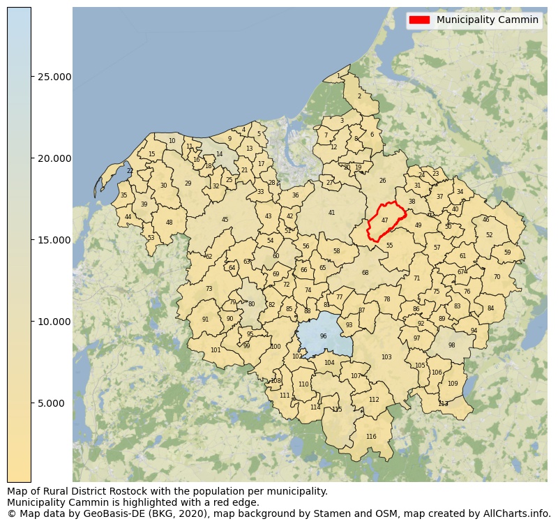 Map of Rural district Rostock with the population per municipality.Municipality Cammin is highlighted with a red edge.. This page shows a lot of information about residents (such as the distribution by age groups, family composition, gender, native or German with an immigration background, ...), homes (numbers, types, price development, use, type of property, ...) and more (car ownership, energy consumption, ...) based on open data from the German Federal Agency for Cartography, the Federal Statistical Office (DESTATIS), the Regional Statistical Offices and various other sources!
