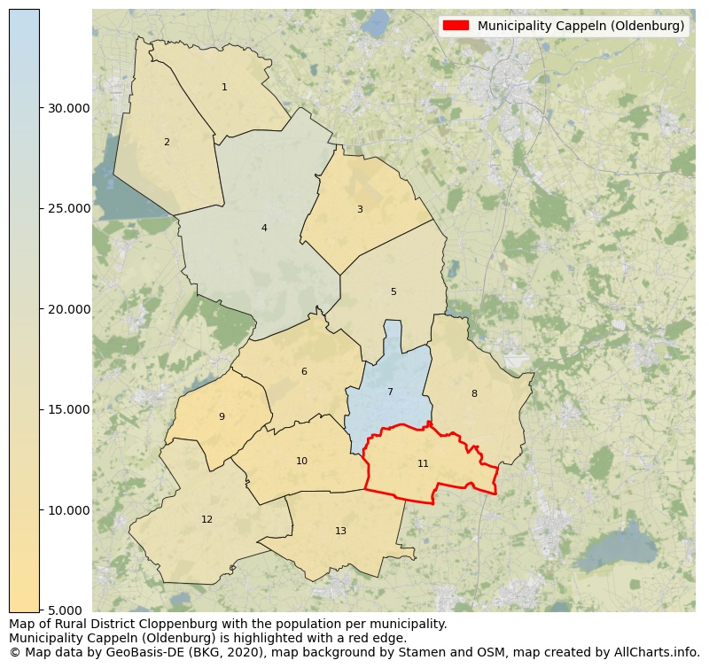 Map of Rural district Cloppenburg with the population per municipality.Municipality Cappeln (Oldenburg) is highlighted with a red edge.. This page shows a lot of information about residents (such as the distribution by age groups, family composition, gender, native or German with an immigration background, ...), homes (numbers, types, price development, use, type of property, ...) and more (car ownership, energy consumption, ...) based on open data from the German Federal Agency for Cartography, the Federal Statistical Office (DESTATIS), the Regional Statistical Offices and various other sources!