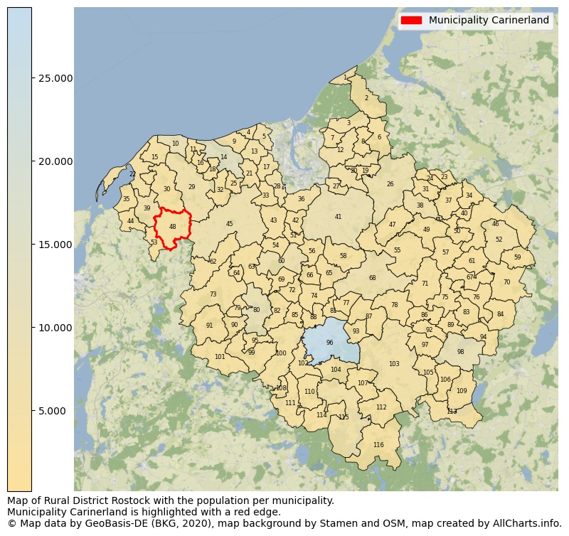 Map of Rural district Rostock with the population per municipality.Municipality Carinerland is highlighted with a red edge.. This page shows a lot of information about residents (such as the distribution by age groups, family composition, gender, native or German with an immigration background, ...), homes (numbers, types, price development, use, type of property, ...) and more (car ownership, energy consumption, ...) based on open data from the German Federal Agency for Cartography, the Federal Statistical Office (DESTATIS), the Regional Statistical Offices and various other sources!