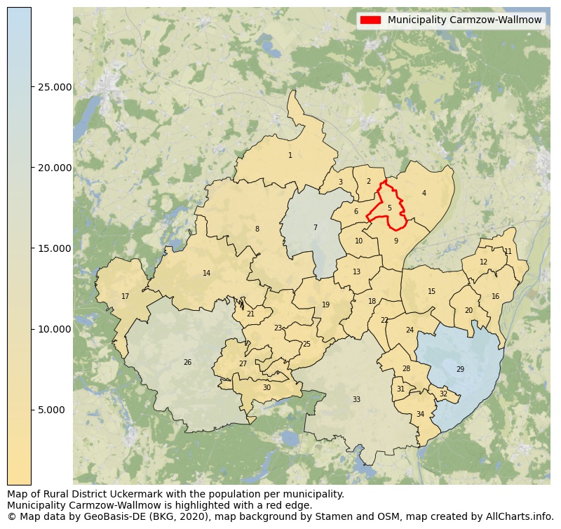 Map of Rural district Uckermark with the population per municipality.Municipality Carmzow-Wallmow is highlighted with a red edge.. This page shows a lot of information about residents (such as the distribution by age groups, family composition, gender, native or German with an immigration background, ...), homes (numbers, types, price development, use, type of property, ...) and more (car ownership, energy consumption, ...) based on open data from the German Federal Agency for Cartography, the Federal Statistical Office (DESTATIS), the Regional Statistical Offices and various other sources!