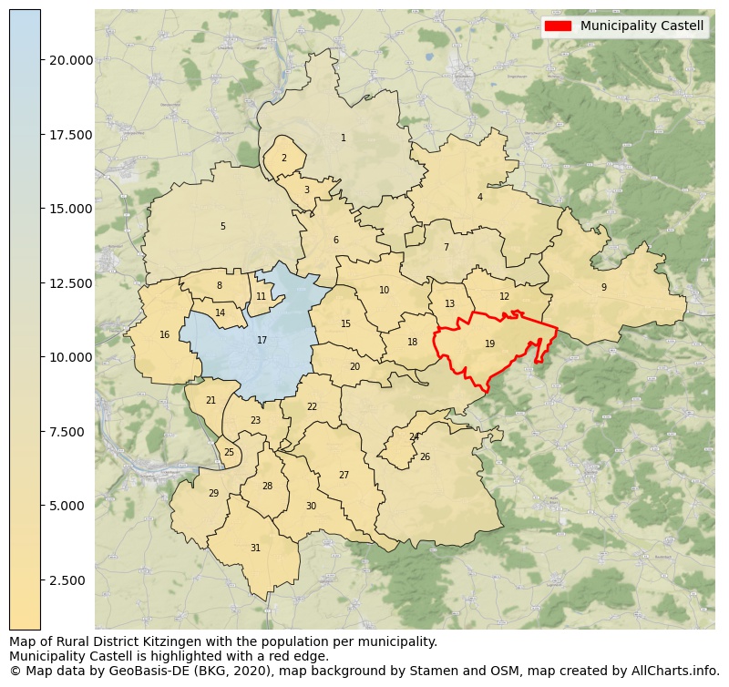 Map of Rural district Kitzingen with the population per municipality.Municipality Castell is highlighted with a red edge.. This page shows a lot of information about residents (such as the distribution by age groups, family composition, gender, native or German with an immigration background, ...), homes (numbers, types, price development, use, type of property, ...) and more (car ownership, energy consumption, ...) based on open data from the German Federal Agency for Cartography, the Federal Statistical Office (DESTATIS), the Regional Statistical Offices and various other sources!