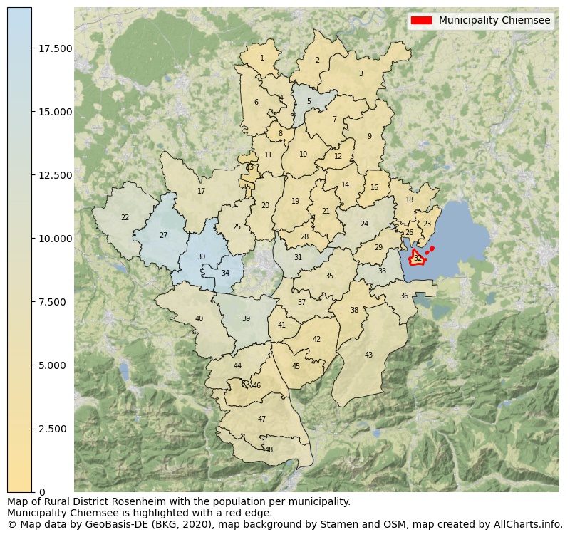Map of Rural district Rosenheim with the population per municipality.Municipality Chiemsee is highlighted with a red edge.. This page shows a lot of information about residents (such as the distribution by age groups, family composition, gender, native or German with an immigration background, ...), homes (numbers, types, price development, use, type of property, ...) and more (car ownership, energy consumption, ...) based on open data from the German Federal Agency for Cartography, the Federal Statistical Office (DESTATIS), the Regional Statistical Offices and various other sources!