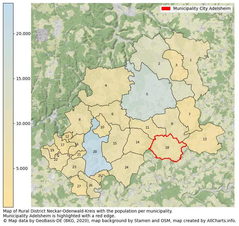 Map of Rural district Neckar-Odenwald-Kreis with the population per municipality.Municipality Adelsheim is highlighted with a red edge.. This page shows a lot of information about residents (such as the distribution by age groups, family composition, gender, native or German with an immigration background, ...), homes (numbers, types, price development, use, type of property, ...) and more (car ownership, energy consumption, ...) based on open data from the German Federal Agency for Cartography, the Federal Statistical Office (DESTATIS), the Regional Statistical Offices and various other sources!