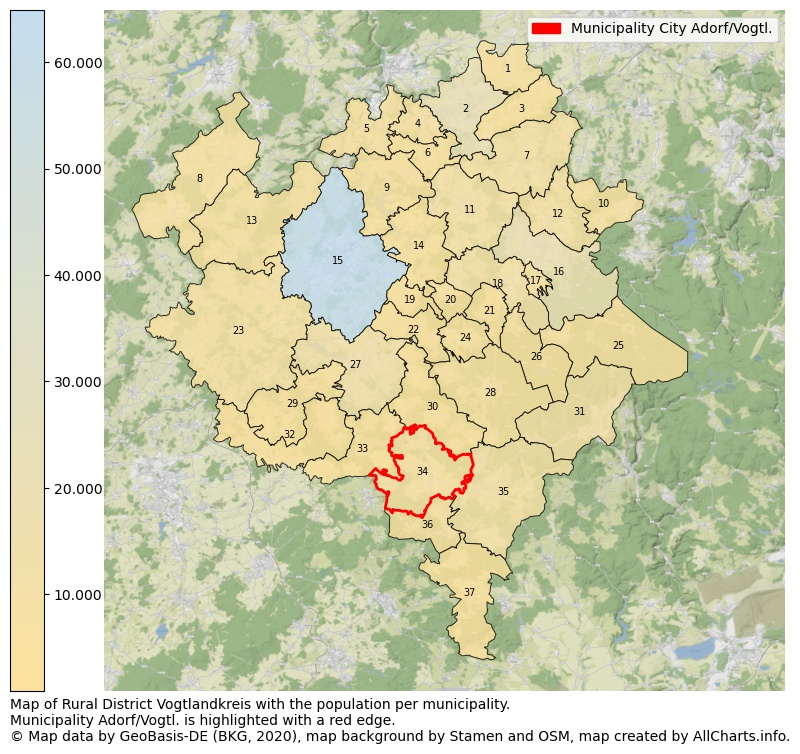 Map of Rural district Vogtlandkreis with the population per municipality.Municipality Adorf/Vogtl. is highlighted with a red edge.. This page shows a lot of information about residents (such as the distribution by age groups, family composition, gender, native or German with an immigration background, ...), homes (numbers, types, price development, use, type of property, ...) and more (car ownership, energy consumption, ...) based on open data from the German Federal Agency for Cartography, the Federal Statistical Office (DESTATIS), the Regional Statistical Offices and various other sources!