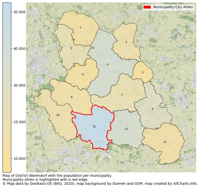 Map of District Warendorf with the population per municipality.Municipality Ahlen is highlighted with a red edge.. This page shows a lot of information about residents (such as the distribution by age groups, family composition, gender, native or German with an immigration background, ...), homes (numbers, types, price development, use, type of property, ...) and more (car ownership, energy consumption, ...) based on open data from the German Federal Agency for Cartography, the Federal Statistical Office (DESTATIS), the Regional Statistical Offices and various other sources!