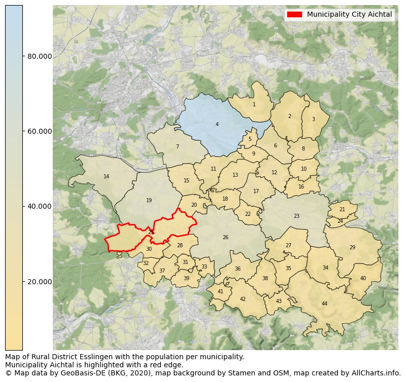 Map of Rural district Esslingen with the population per municipality.Municipality Aichtal is highlighted with a red edge.. This page shows a lot of information about residents (such as the distribution by age groups, family composition, gender, native or German with an immigration background, ...), homes (numbers, types, price development, use, type of property, ...) and more (car ownership, energy consumption, ...) based on open data from the German Federal Agency for Cartography, the Federal Statistical Office (DESTATIS), the Regional Statistical Offices and various other sources!