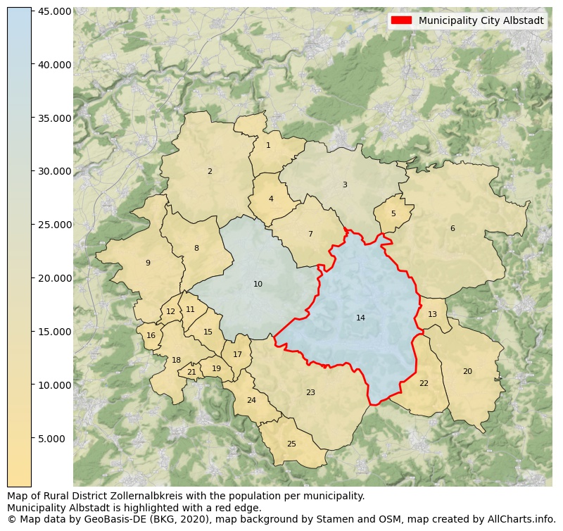 Map of Rural district Zollernalbkreis with the population per municipality.Municipality Albstadt is highlighted with a red edge.. This page shows a lot of information about residents (such as the distribution by age groups, family composition, gender, native or German with an immigration background, ...), homes (numbers, types, price development, use, type of property, ...) and more (car ownership, energy consumption, ...) based on open data from the German Federal Agency for Cartography, the Federal Statistical Office (DESTATIS), the Regional Statistical Offices and various other sources!