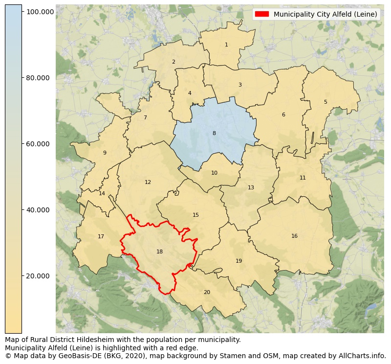 Map of Rural district Hildesheim with the population per municipality.Municipality Alfeld (Leine) is highlighted with a red edge.. This page shows a lot of information about residents (such as the distribution by age groups, family composition, gender, native or German with an immigration background, ...), homes (numbers, types, price development, use, type of property, ...) and more (car ownership, energy consumption, ...) based on open data from the German Federal Agency for Cartography, the Federal Statistical Office (DESTATIS), the Regional Statistical Offices and various other sources!
