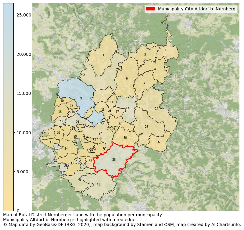 Map of Rural district Nürnberger Land with the population per municipality.Municipality Altdorf b. Nürnberg is highlighted with a red edge.. This page shows a lot of information about residents (such as the distribution by age groups, family composition, gender, native or German with an immigration background, ...), homes (numbers, types, price development, use, type of property, ...) and more (car ownership, energy consumption, ...) based on open data from the German Federal Agency for Cartography, the Federal Statistical Office (DESTATIS), the Regional Statistical Offices and various other sources!