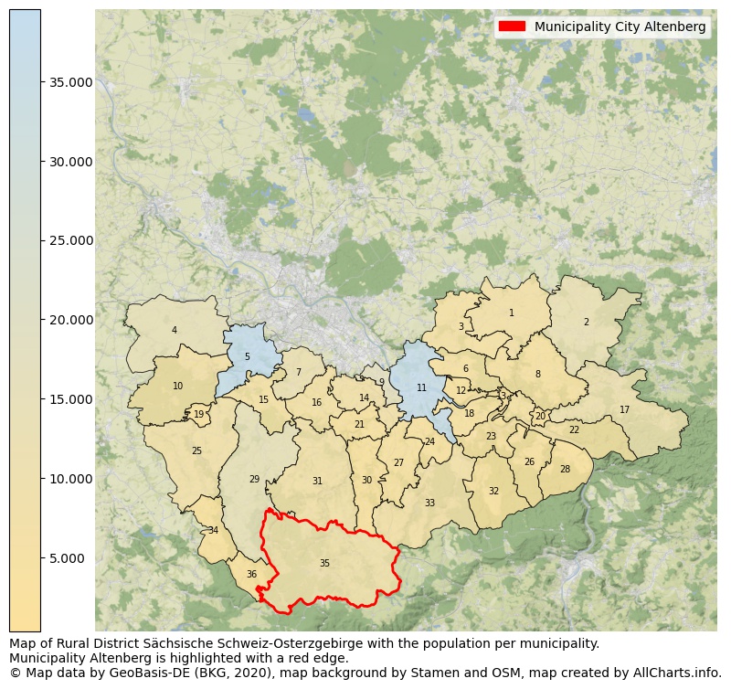 Map of Rural district Sächsische Schweiz-Osterzgebirge with the population per municipality.Municipality Altenberg is highlighted with a red edge.. This page shows a lot of information about residents (such as the distribution by age groups, family composition, gender, native or German with an immigration background, ...), homes (numbers, types, price development, use, type of property, ...) and more (car ownership, energy consumption, ...) based on open data from the German Federal Agency for Cartography, the Federal Statistical Office (DESTATIS), the Regional Statistical Offices and various other sources!