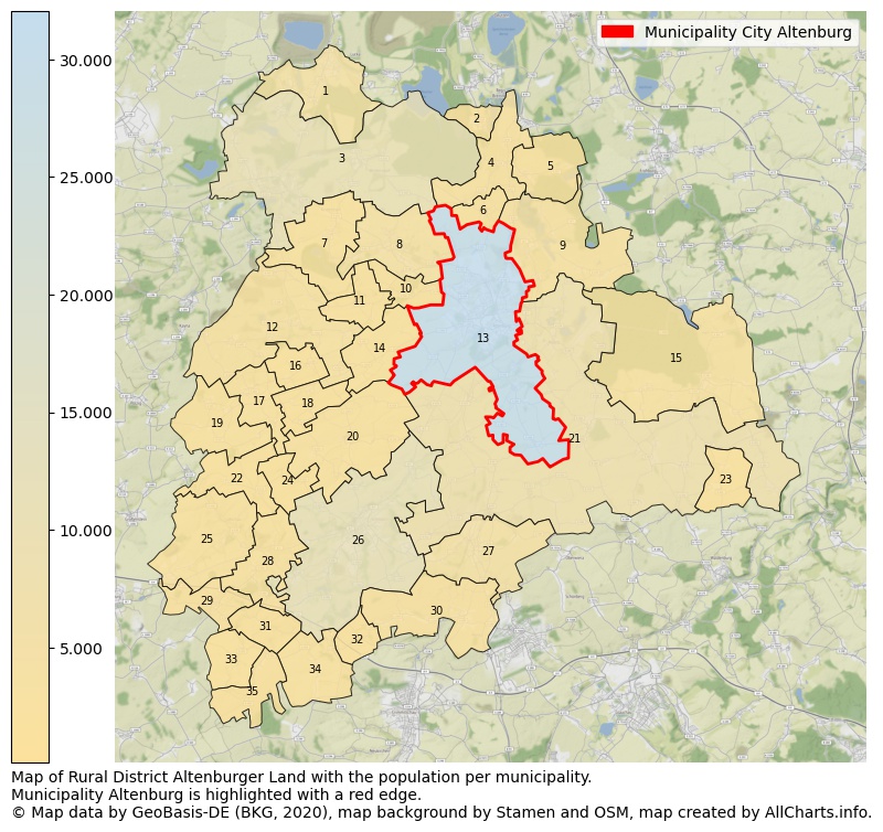 Map of Rural district Altenburger Land with the population per municipality.Municipality Altenburg is highlighted with a red edge.. This page shows a lot of information about residents (such as the distribution by age groups, family composition, gender, native or German with an immigration background, ...), homes (numbers, types, price development, use, type of property, ...) and more (car ownership, energy consumption, ...) based on open data from the German Federal Agency for Cartography, the Federal Statistical Office (DESTATIS), the Regional Statistical Offices and various other sources!