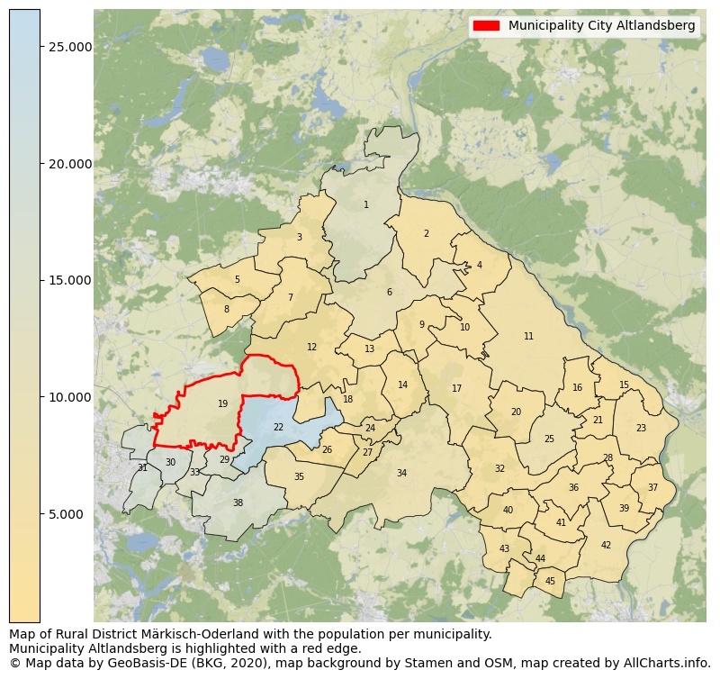 Map of Rural district Märkisch-Oderland with the population per municipality.Municipality Altlandsberg is highlighted with a red edge.. This page shows a lot of information about residents (such as the distribution by age groups, family composition, gender, native or German with an immigration background, ...), homes (numbers, types, price development, use, type of property, ...) and more (car ownership, energy consumption, ...) based on open data from the German Federal Agency for Cartography, the Federal Statistical Office (DESTATIS), the Regional Statistical Offices and various other sources!