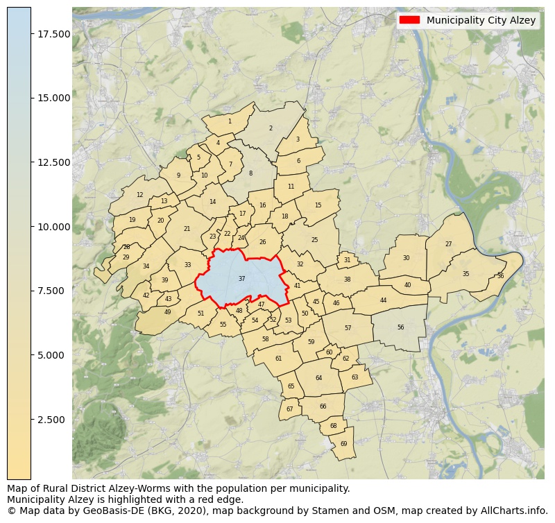Map of Rural district Alzey-Worms with the population per municipality.Municipality Alzey is highlighted with a red edge.. This page shows a lot of information about residents (such as the distribution by age groups, family composition, gender, native or German with an immigration background, ...), homes (numbers, types, price development, use, type of property, ...) and more (car ownership, energy consumption, ...) based on open data from the German Federal Agency for Cartography, the Federal Statistical Office (DESTATIS), the Regional Statistical Offices and various other sources!