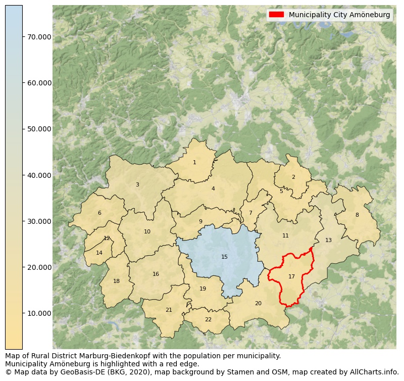 Map of Rural district Marburg-Biedenkopf with the population per municipality.Municipality Amöneburg is highlighted with a red edge.. This page shows a lot of information about residents (such as the distribution by age groups, family composition, gender, native or German with an immigration background, ...), homes (numbers, types, price development, use, type of property, ...) and more (car ownership, energy consumption, ...) based on open data from the German Federal Agency for Cartography, the Federal Statistical Office (DESTATIS), the Regional Statistical Offices and various other sources!