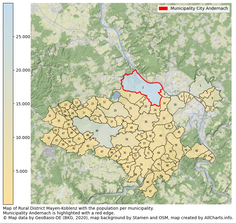 Map of Rural district Mayen-Koblenz with the population per municipality.Municipality Andernach is highlighted with a red edge.. This page shows a lot of information about residents (such as the distribution by age groups, family composition, gender, native or German with an immigration background, ...), homes (numbers, types, price development, use, type of property, ...) and more (car ownership, energy consumption, ...) based on open data from the German Federal Agency for Cartography, the Federal Statistical Office (DESTATIS), the Regional Statistical Offices and various other sources!