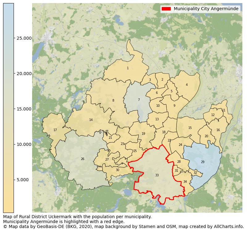 Map of Rural district Uckermark with the population per municipality.Municipality Angermünde is highlighted with a red edge.. This page shows a lot of information about residents (such as the distribution by age groups, family composition, gender, native or German with an immigration background, ...), homes (numbers, types, price development, use, type of property, ...) and more (car ownership, energy consumption, ...) based on open data from the German Federal Agency for Cartography, the Federal Statistical Office (DESTATIS), the Regional Statistical Offices and various other sources!