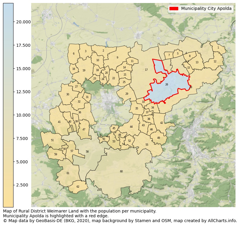 Map of Rural district Weimarer Land with the population per municipality.Municipality Apolda is highlighted with a red edge.. This page shows a lot of information about residents (such as the distribution by age groups, family composition, gender, native or German with an immigration background, ...), homes (numbers, types, price development, use, type of property, ...) and more (car ownership, energy consumption, ...) based on open data from the German Federal Agency for Cartography, the Federal Statistical Office (DESTATIS), the Regional Statistical Offices and various other sources!