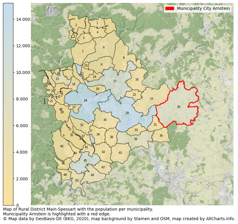 Map of Rural district Main-Spessart with the population per municipality.Municipality Arnstein is highlighted with a red edge.. This page shows a lot of information about residents (such as the distribution by age groups, family composition, gender, native or German with an immigration background, ...), homes (numbers, types, price development, use, type of property, ...) and more (car ownership, energy consumption, ...) based on open data from the German Federal Agency for Cartography, the Federal Statistical Office (DESTATIS), the Regional Statistical Offices and various other sources!