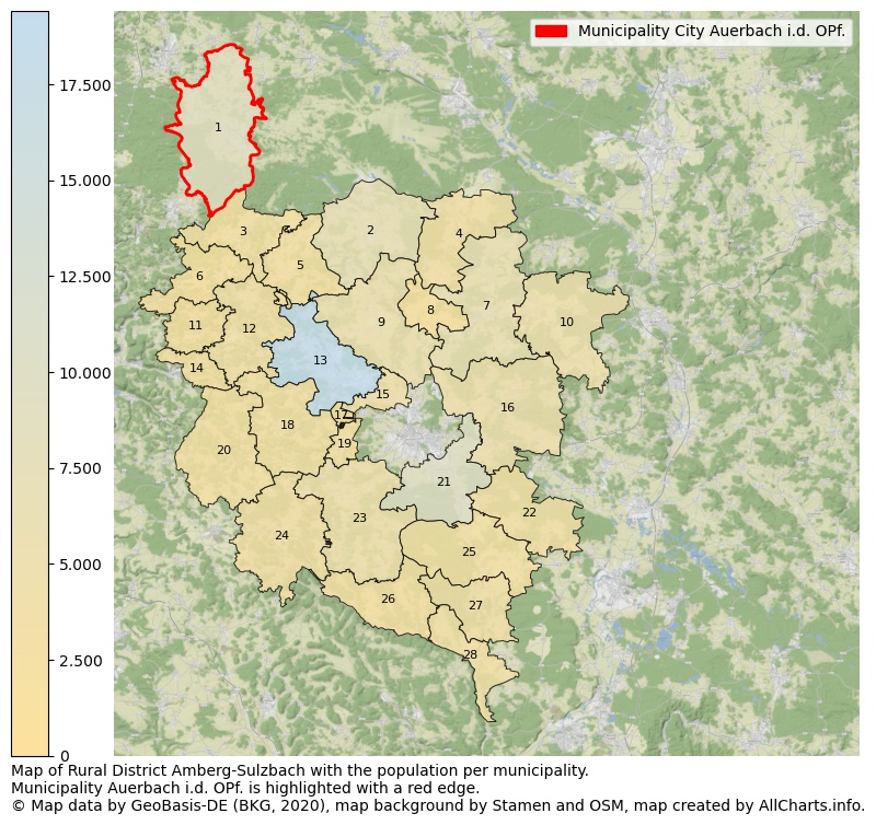 Map of Rural district Amberg-Sulzbach with the population per municipality.Municipality Auerbach i.d. OPf. is highlighted with a red edge.. This page shows a lot of information about residents (such as the distribution by age groups, family composition, gender, native or German with an immigration background, ...), homes (numbers, types, price development, use, type of property, ...) and more (car ownership, energy consumption, ...) based on open data from the German Federal Agency for Cartography, the Federal Statistical Office (DESTATIS), the Regional Statistical Offices and various other sources!