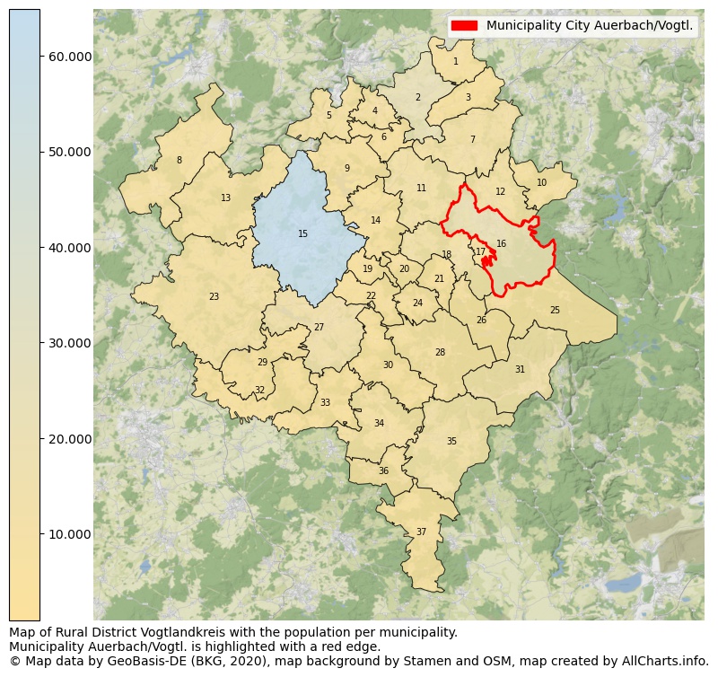 Map of Rural district Vogtlandkreis with the population per municipality.Municipality Auerbach/Vogtl. is highlighted with a red edge.. This page shows a lot of information about residents (such as the distribution by age groups, family composition, gender, native or German with an immigration background, ...), homes (numbers, types, price development, use, type of property, ...) and more (car ownership, energy consumption, ...) based on open data from the German Federal Agency for Cartography, the Federal Statistical Office (DESTATIS), the Regional Statistical Offices and various other sources!