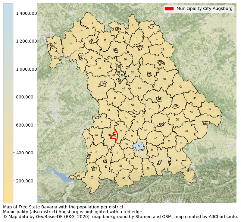 Map of Free state Bavaria with the population per district.Municipality (also district) Augsburg is highlighted with a red edge.. This page shows a lot of information about residents (such as the distribution by age groups, family composition, gender, native or German with an immigration background, ...), homes (numbers, types, price development, use, type of property, ...) and more (car ownership, energy consumption, ...) based on open data from the German Federal Agency for Cartography, the Federal Statistical Office (DESTATIS), the Regional Statistical Offices and various other sources!