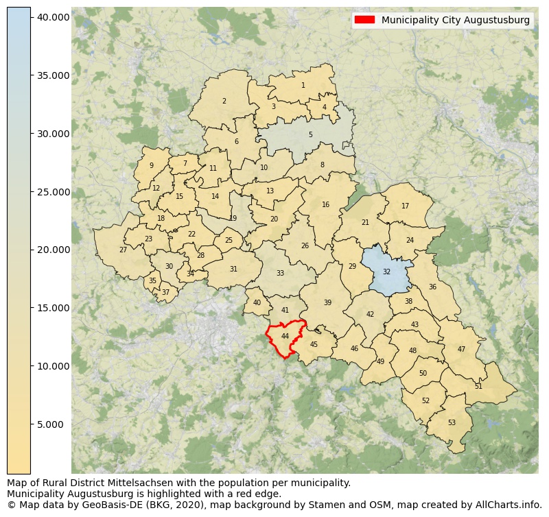 Map of Rural district Mittelsachsen with the population per municipality.Municipality Augustusburg is highlighted with a red edge.. This page shows a lot of information about residents (such as the distribution by age groups, family composition, gender, native or German with an immigration background, ...), homes (numbers, types, price development, use, type of property, ...) and more (car ownership, energy consumption, ...) based on open data from the German Federal Agency for Cartography, the Federal Statistical Office (DESTATIS), the Regional Statistical Offices and various other sources!