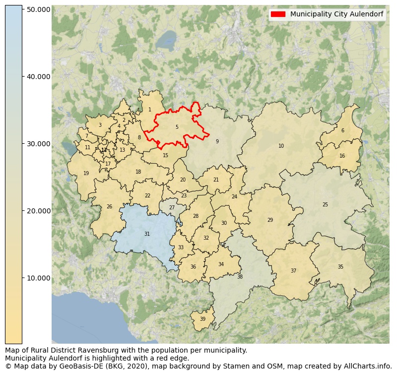 Map of Rural district Ravensburg with the population per municipality.Municipality Aulendorf is highlighted with a red edge.. This page shows a lot of information about residents (such as the distribution by age groups, family composition, gender, native or German with an immigration background, ...), homes (numbers, types, price development, use, type of property, ...) and more (car ownership, energy consumption, ...) based on open data from the German Federal Agency for Cartography, the Federal Statistical Office (DESTATIS), the Regional Statistical Offices and various other sources!